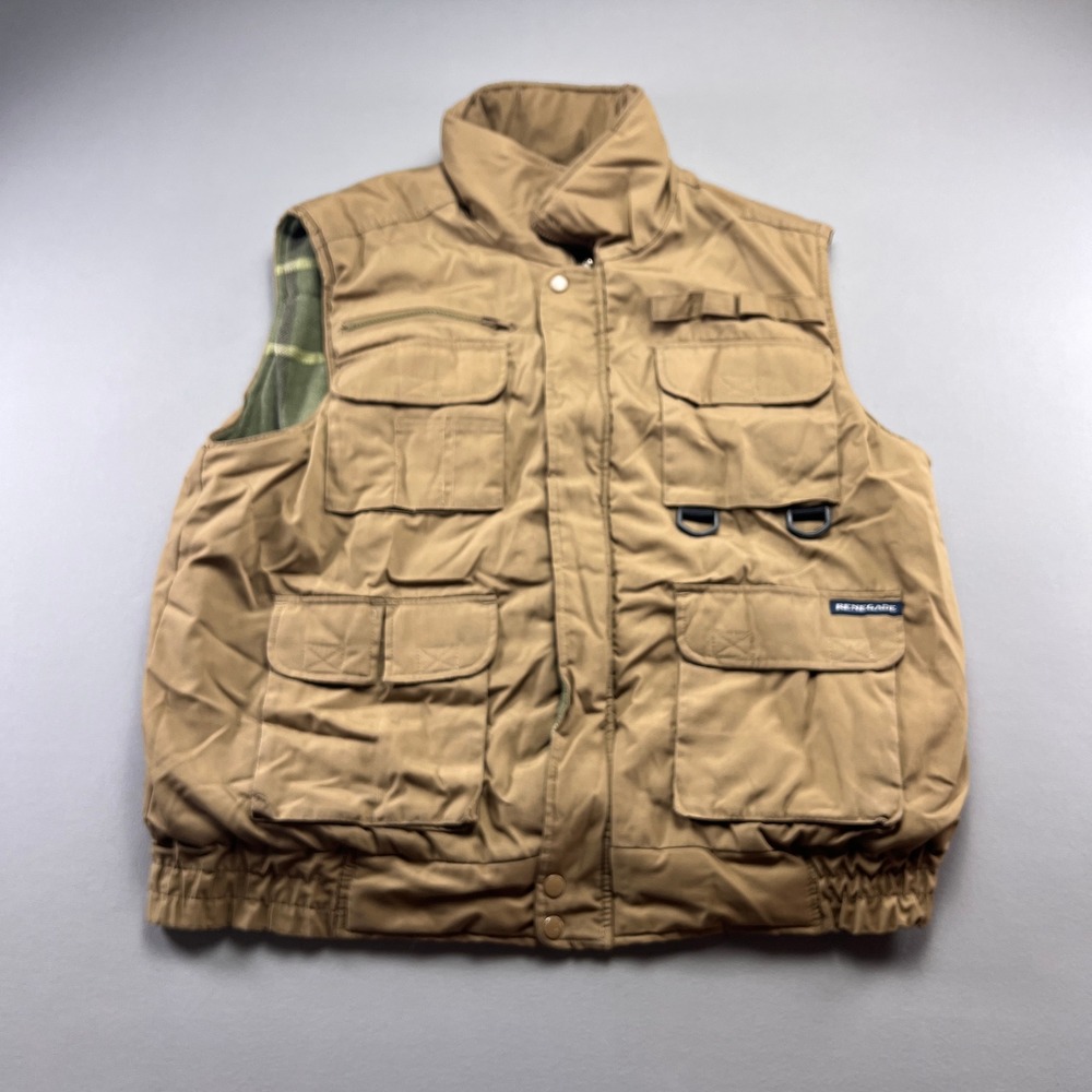 Renegade Utility Vest Mens L Beige Plaid Lined Cotton Full Zip Fishing Hunting